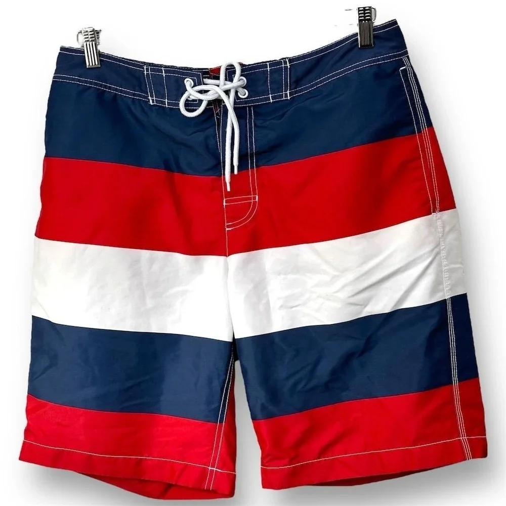 Men's Striped Swim Trunks Board Shorts Red White Blue Size M Beach‎ Resort